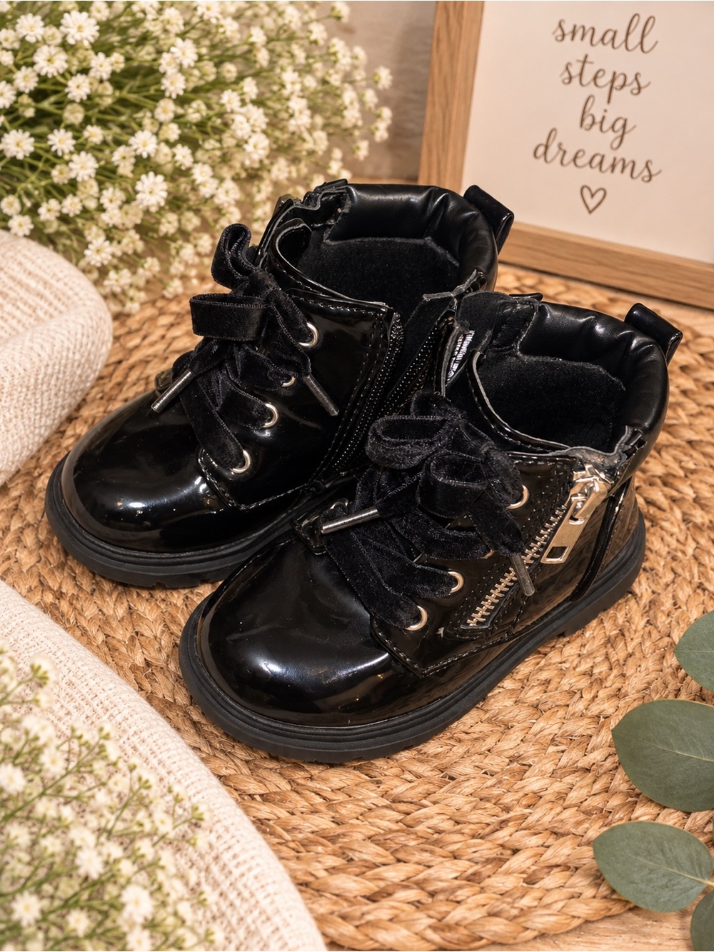 wonder nation Black Patent Kids Ankle Boots with Velvet Laces